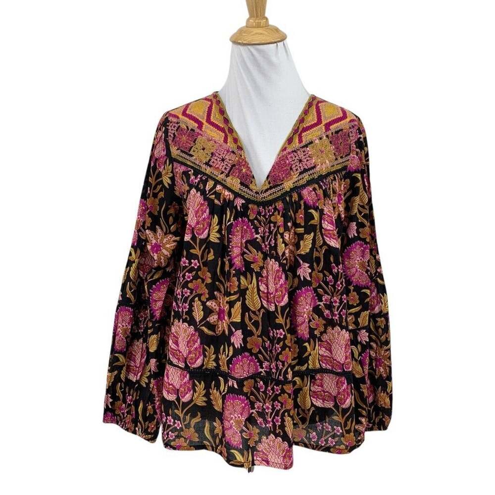 Rachel Zoe Blouse Womens S Small Multi Cotton Embroidered Floral V Neck Bohemian